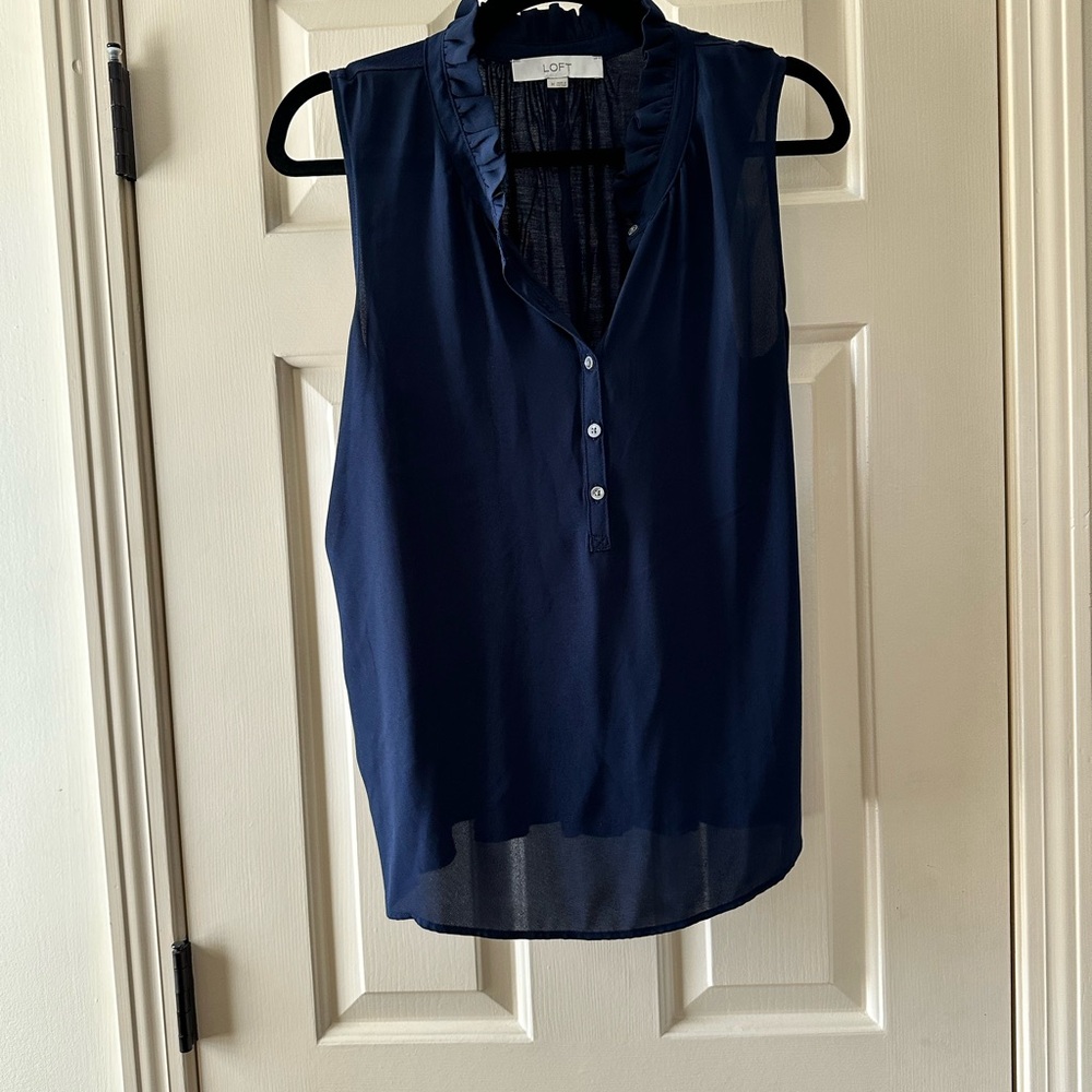 LOFT Navy  Ruffled Mandarin Collar Blouse